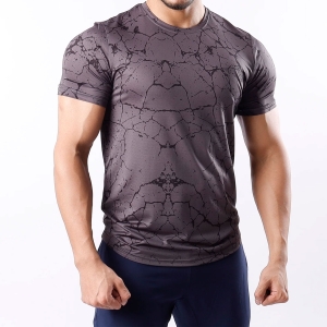 Men Gym Sublimation Shirt Half Sleeves Grey With Black Cracks Design
