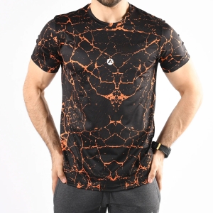 Men Gym Sublimation Shirt Half Sleeves Black With Orange Cracks Design