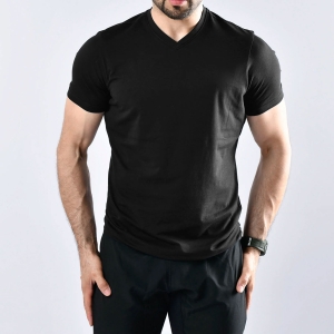 Men Gym Flex Fit Shirt Half Sleeves With V-Neck Black