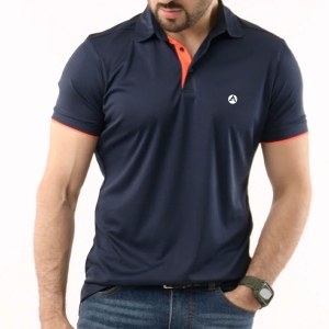 Men Gym Elite Ascend Polo Shirt Dark Blue With Orange Button Strip