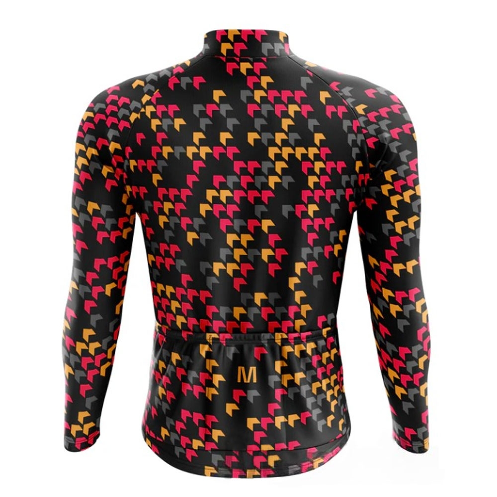 Men Cycling Jersey Full Sleeves Black With Red/Yellow Geometric Pattern
