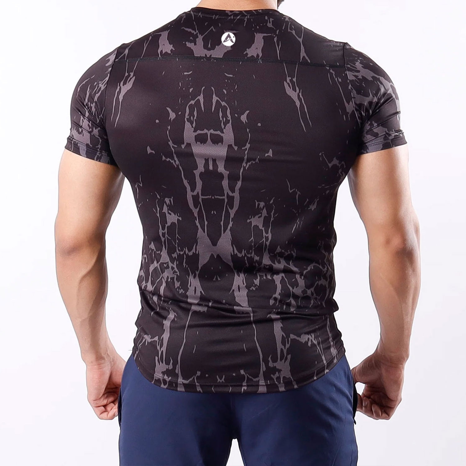Men Gym Sublimation Shirt Half Sleeves Black With Grey Cracks Design
