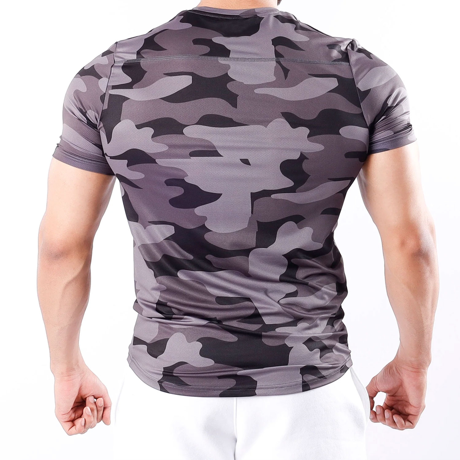 Men Gym Sublimation Shirt Half Sleeves With Black/Grey Camo Design